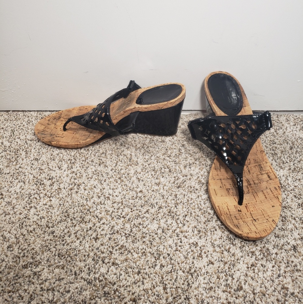 Coach Black Patent Leather and Cork Sandals